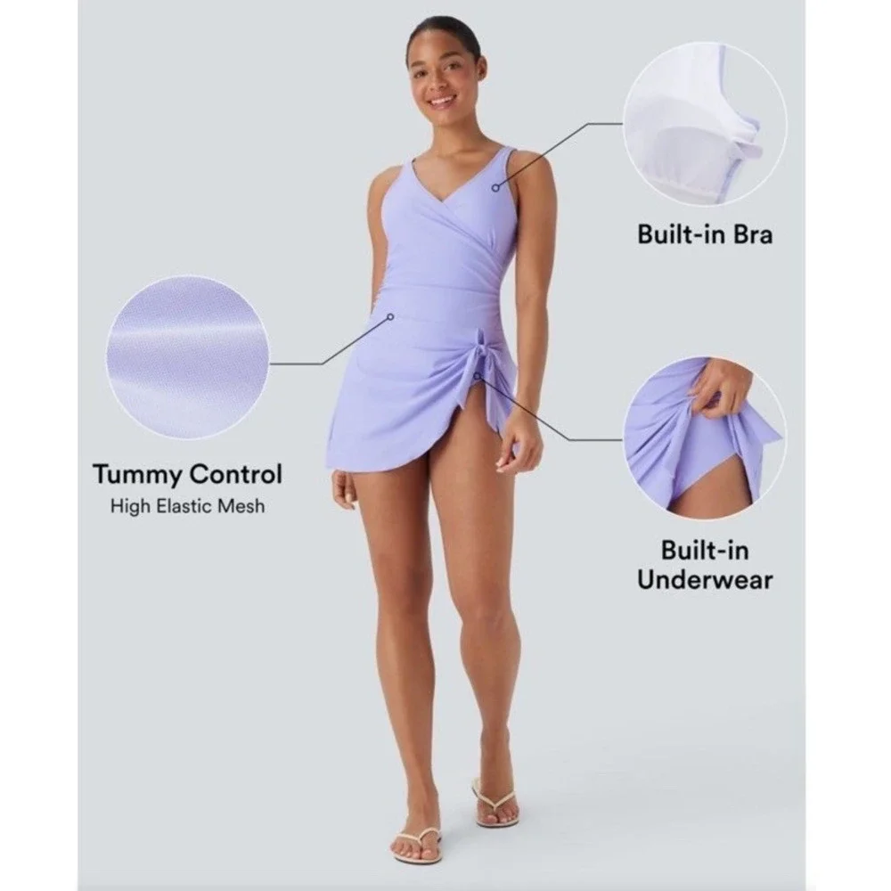 NWT Halara V Neck Ruched Asymmetric Tie 2-in-1 Tummy Control 1PC Swimsuit Large‎